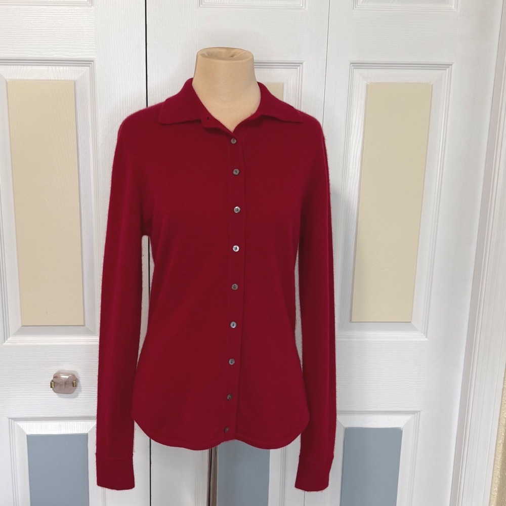 Valerie Separates Red Cashmere Button Front Cardigan Polo Collar Sweater Small